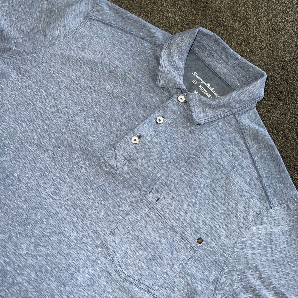 Tommy Bahama Men’s Island Zone Blue Heather Slub Knit Pocket Polo Shirt Size M